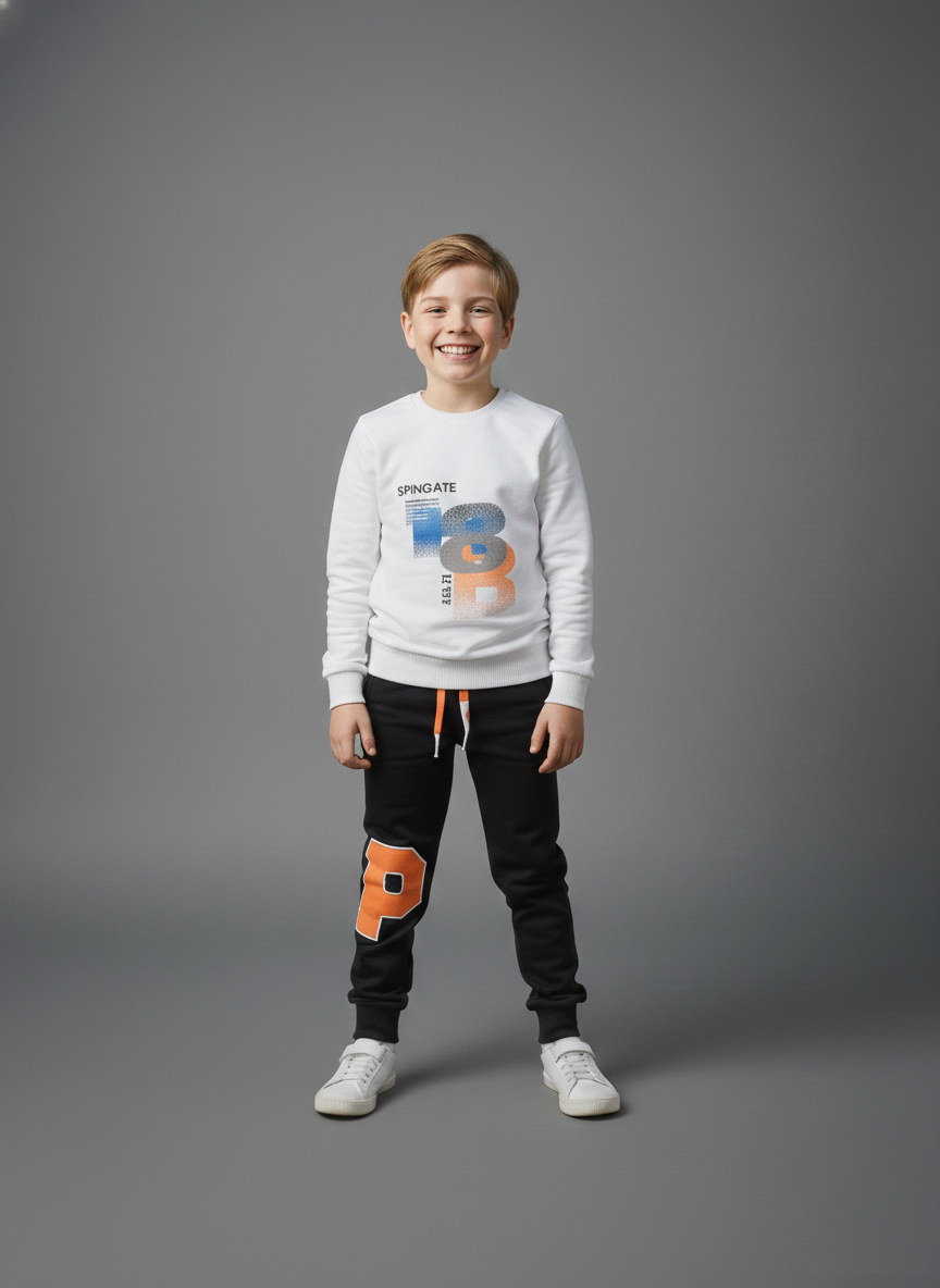 Boys black and white summer tracksuit featuring a white graphic sweatshirt and black joggers with orange accents, styled for sport-to-night wear at Trendy Angels Boutique Melbourne.