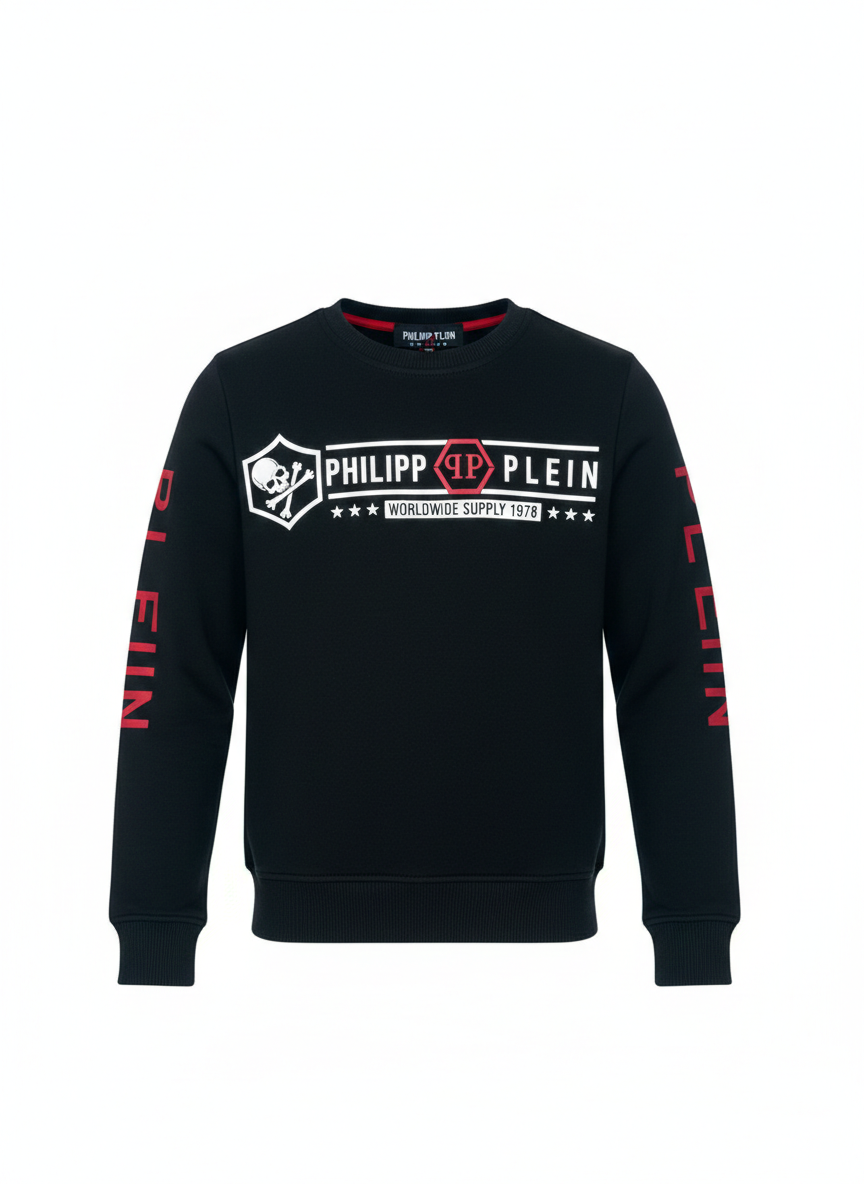 Front view of boys designer black sweatshirt with red "PLEIN" sleeve branding and white skull chest logo on a clean white background, available at Trendy Angels Boutique in Brunswick.
