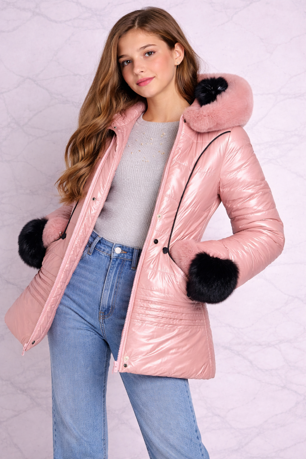 Girls Metallic Rose Gold Puffer Jacket with Faux Fur Hood (Ages 6-14)