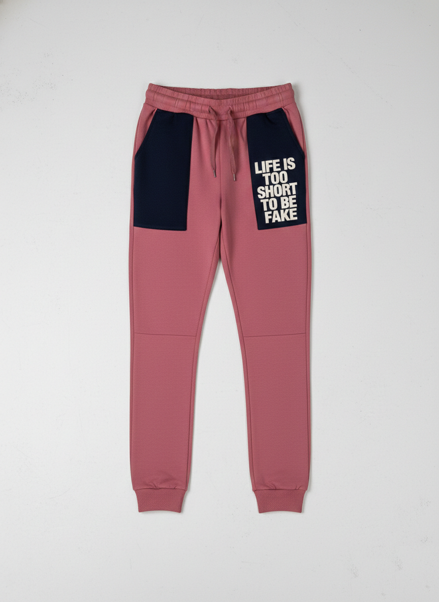 Tapered dusty rose joggers with navy blue contrast pockets featuring white bold text that reads "Life is too short to be fake," designed with a comfortable elasticated waistband and drawstring at Trendy Angels Boutique.