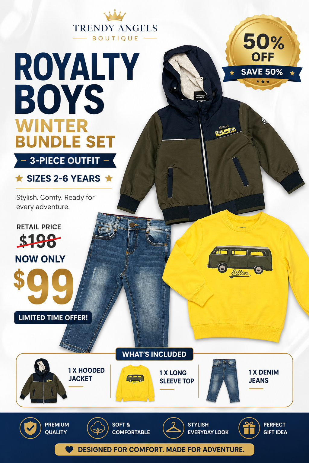 Trendy Angels Boutique advertisement for a boys' winter bundle set with jacket, hoodie, and jeans.