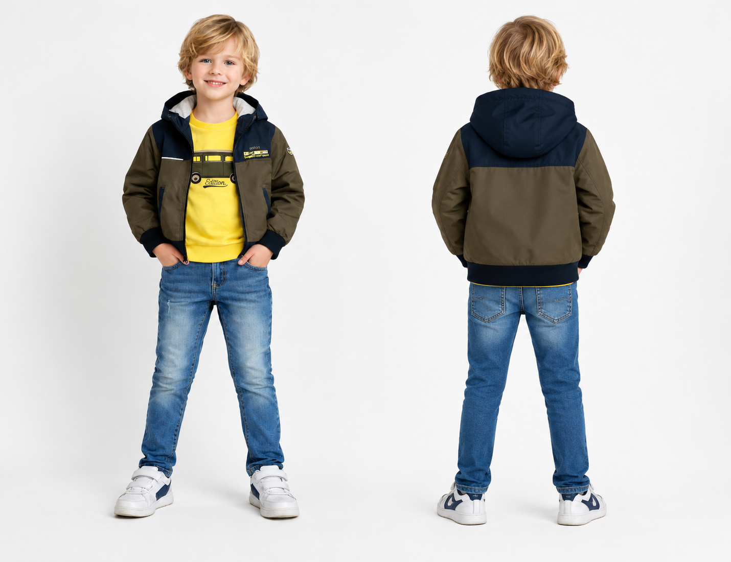 Child wearing a green jacket with a hood, yellow shirt, and blue jeans, standing front and back on a white background, trendy angels boutique