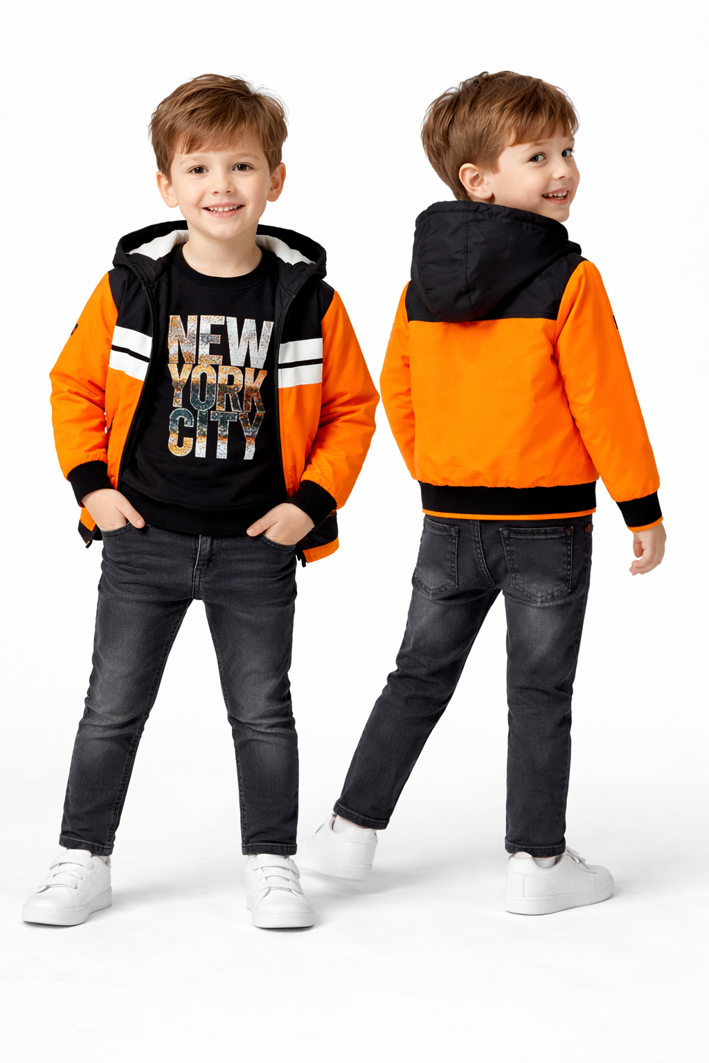 A composite view showing both the front and back of a young boy modeling the stylish NYC 3-piece outfit set, highlighting the jacket's design, coordinated top, and comfortable fit of the jeans from Trendy Angels Boutique.