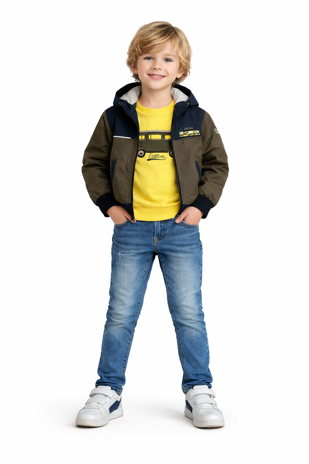 A young boy modeling the stylish olive and navy hooded jacket, yellow long-sleeve top, and denim jeans from the Trendy Angels Boutique Royalty Boys Winter Bundle Set.