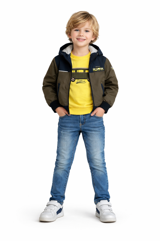 A young boy modeling the stylish olive and navy hooded jacket, yellow long-sleeve top, and denim jeans from the Trendy Angels Boutique Royalty Boys Winter Bundle Set.