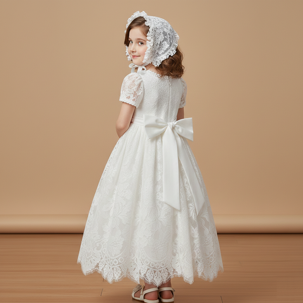 Rear view of a white lace baptism gown on a model, featuring a large white satin bow at the waist and a delicate scalloped hemline.