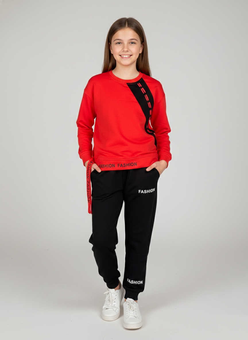 Girls' red and black summer tracksuit from the Summer Casual Collection. Unisex style for effortless comfort at Trendy Angels Boutique, 533 Sydney Rd, Brunswick, Melbourne. Call 04 19 19 19 09 or shop trendyangelsboutique.com.au.