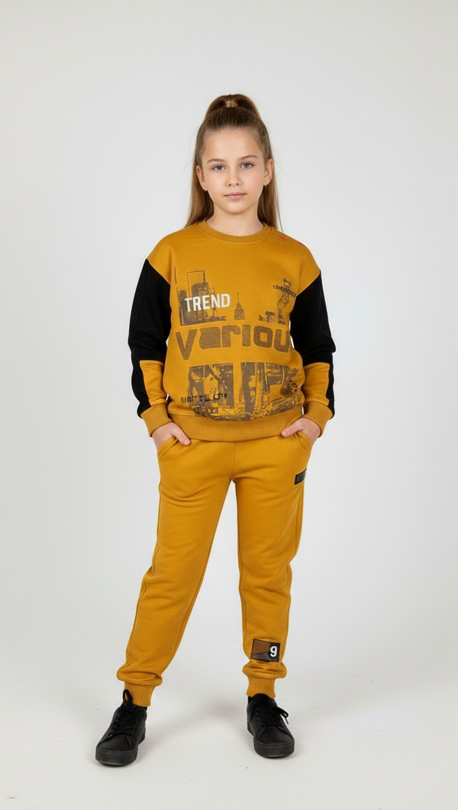 Young girl wearing a mustard yellow and black fleece-free outfit with 'Trend' urban text; a soft-on-skin versatile set for sports or pajamas from Trendy Angels Boutique