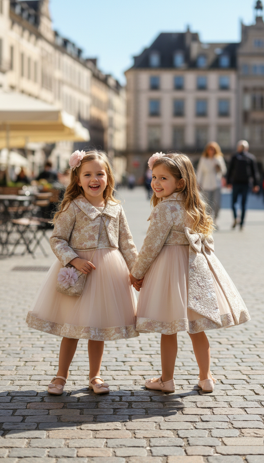 Two girls modeling the high-quality 4-piece brown and gold formal sets in a city setting. One girl shows the front detail of the floral brocade dress, while the other shows the back with the royal British style long bow on the mini jacket. Both wearing matching bags and hairbands. Available at Trendy Angels Boutique, 533 Sydney Rd, Brunswick, Melbourne. Call 04 19 19 19 09 for boutique bookings