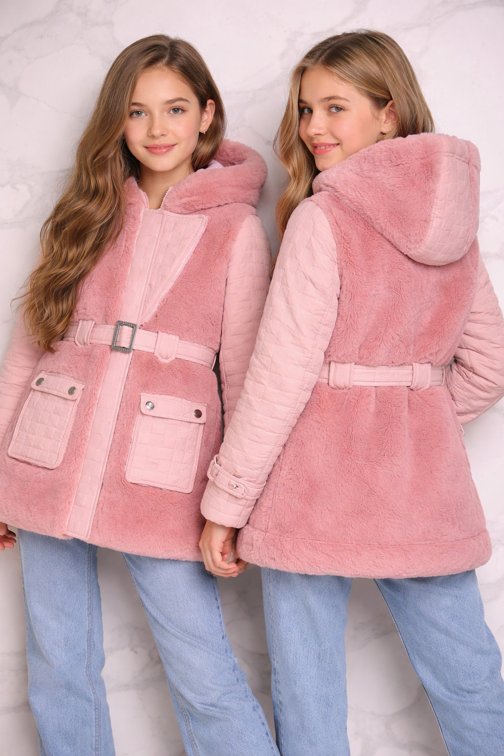 Two young girls wearing the Isabella luxury rose pink faux fur coats, showing a side-by-side front and back view of the hooded design and the polished silver buckle belt