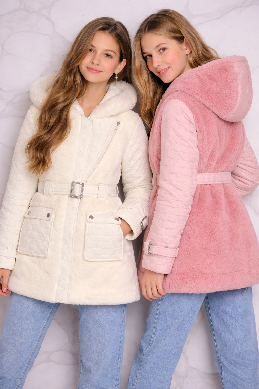Model wearing the Isabella girls' luxury rose pink faux fur hooded coat from the front, highlighting the plush texture and polished silver rectangular buckle belt.