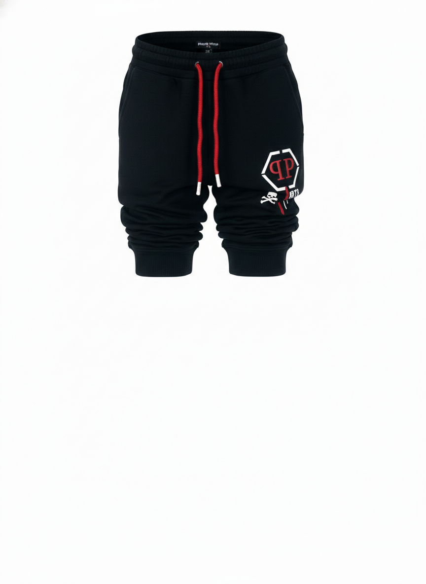Front view of boys' designer black joggers featuring a contrast red drawstring and skull graphic, made from breathable athletic fabric suitable for outdoor sports and nightwear, available at Trendy Angels Boutique at 533 Sydney Rd Brunswick Melbourne.