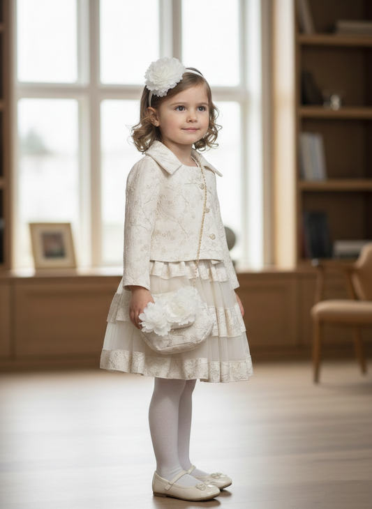 Little girl wearing luxury 4-piece beige and gold floral wing sleeve dress bundle including matching jacket, bag, and hairband from Trendy Angels Boutique Brunswick Melbourne.
