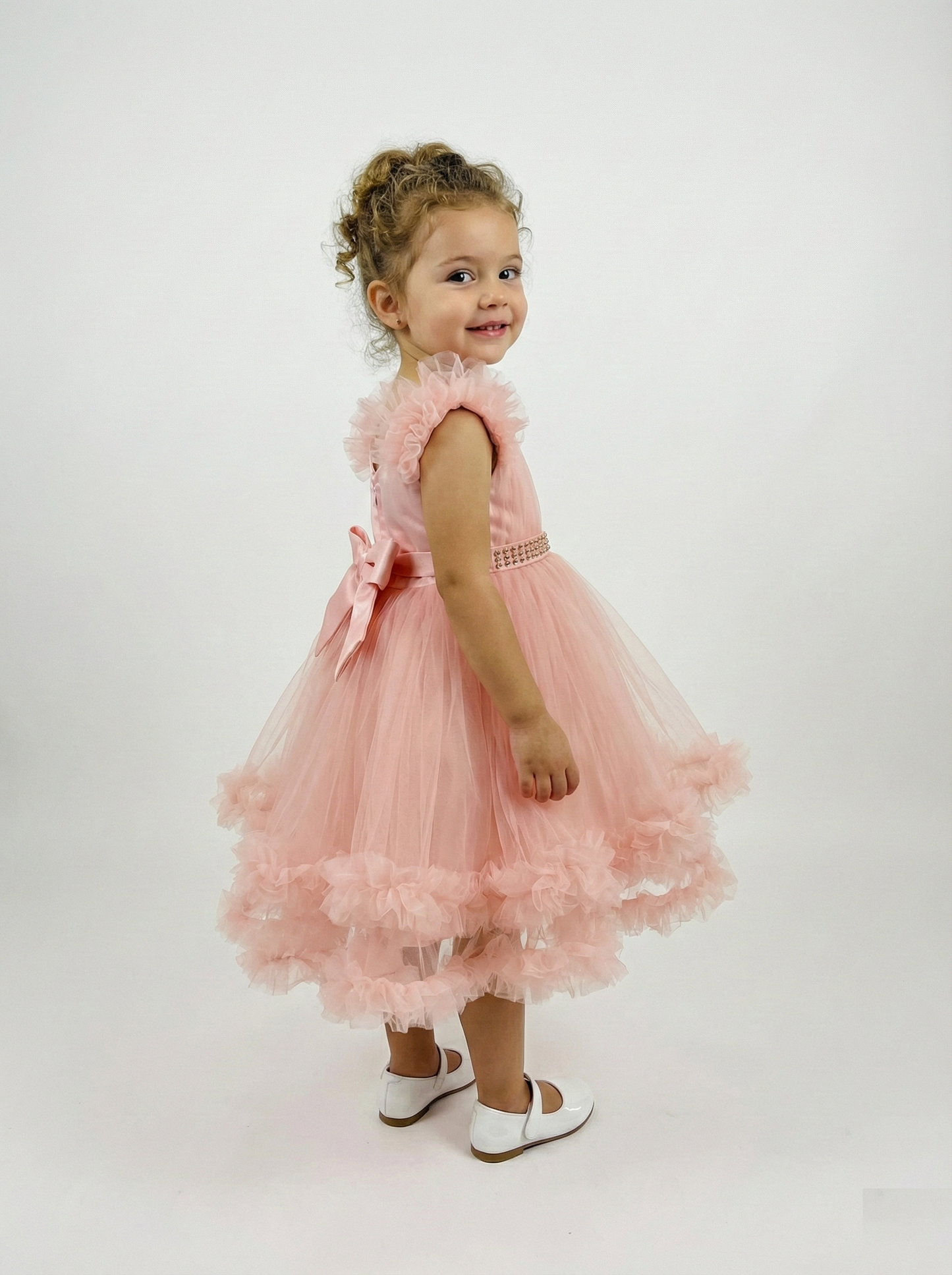 Elegant Blush Pink Tulle Flower Girl Dress - Pearl Belt & Ruffle Trim