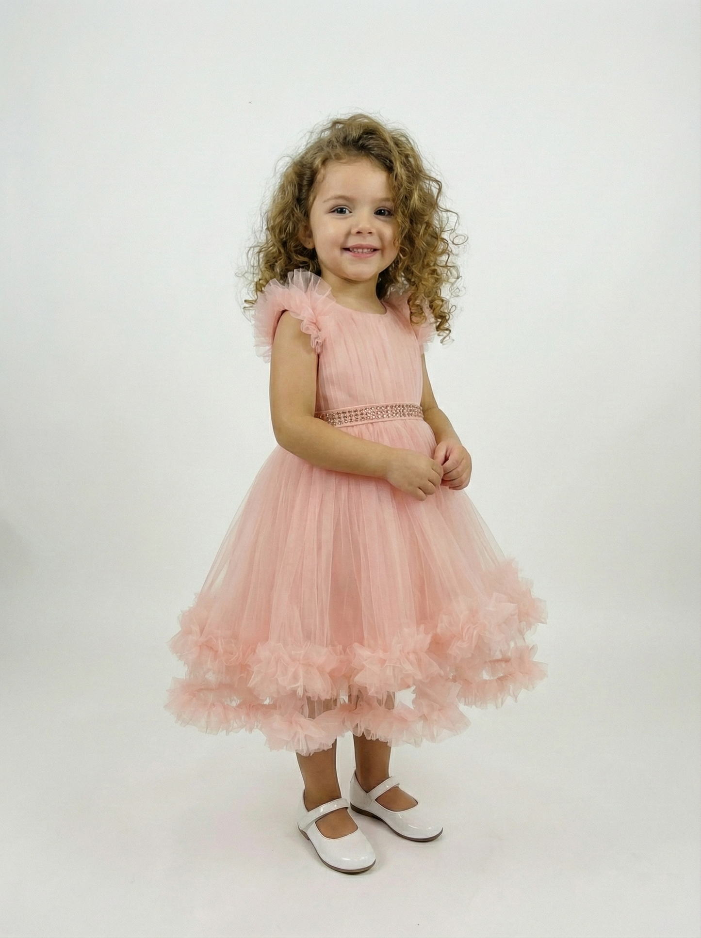 Elegant Blush Pink Tulle Flower Girl Dress - Pearl Belt & Ruffle Trim