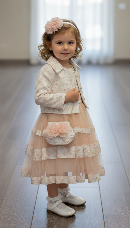 Young girl wearing the Trendy Angels 4-piece blush floral jacquard dress with matching long-sleeved jacket, floral hairband, and handbag; premium occasion wear available at 533 Sydney Rd, Brunswick, Melbourne.