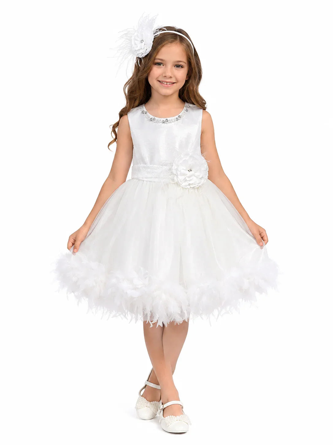 Luxury princess white feather dress for girls with matching floral hairband in Melbourne Australia