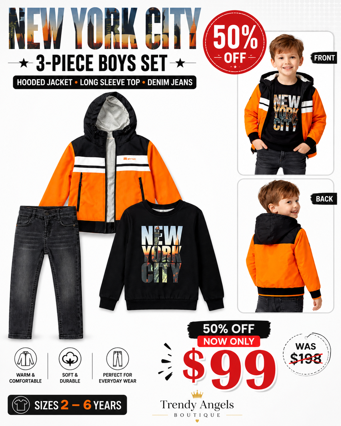 A promotional banner for the Trendy Angels Boutique 3-piece boys' New York City outfit set, showcasing the hooded jacket, coordinated top, and jeans at a special discounted sale price.