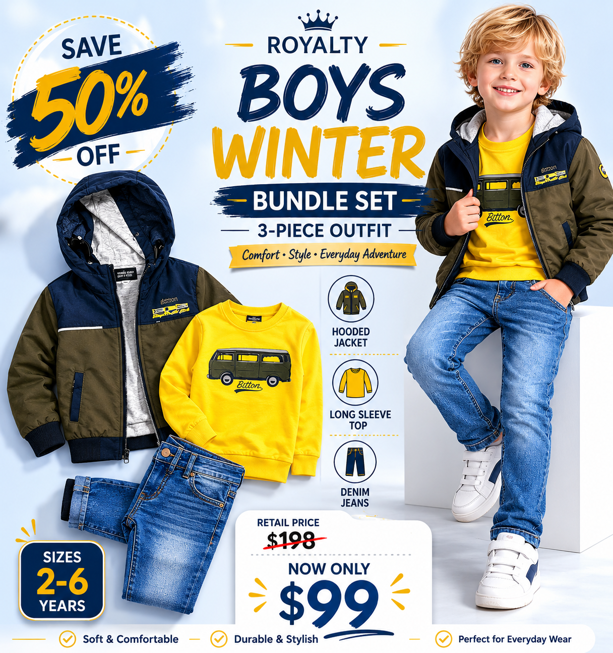 Promotional image of a boys' winter bundle set with jacket, long-sleeve top, and jeans, featuring a 50% off discount.