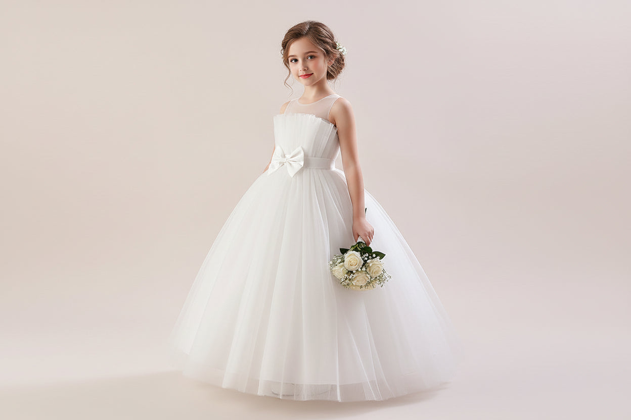 A young girl model wearing a floor-length white tulle flower girl dress with a satin bow at the waist, holding a bouquet of white roses. Available at our Brunswick store.