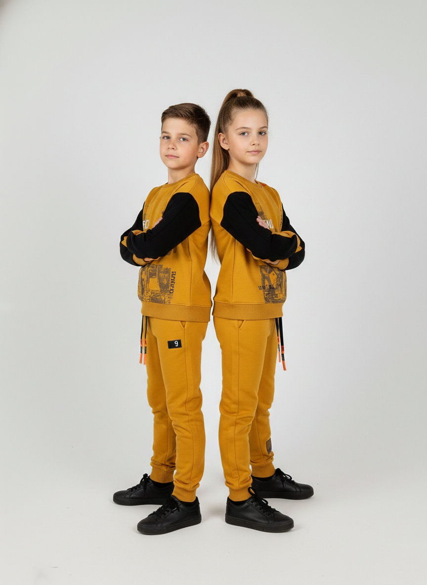 Two children modeling the Mustard Yellow and Black Urban tracksuit set; a breathable, fleece-free design perfect for sports, casual wear, or pajamas at Trendy Angels Boutique Melbourne.