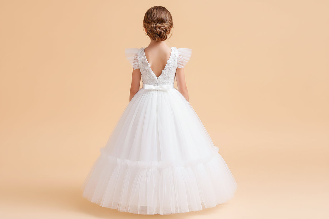 Back view of a white flower girl gown showing a deep V-back design with floral lace, easy zip closure, and delicate pleated wing sleeves.