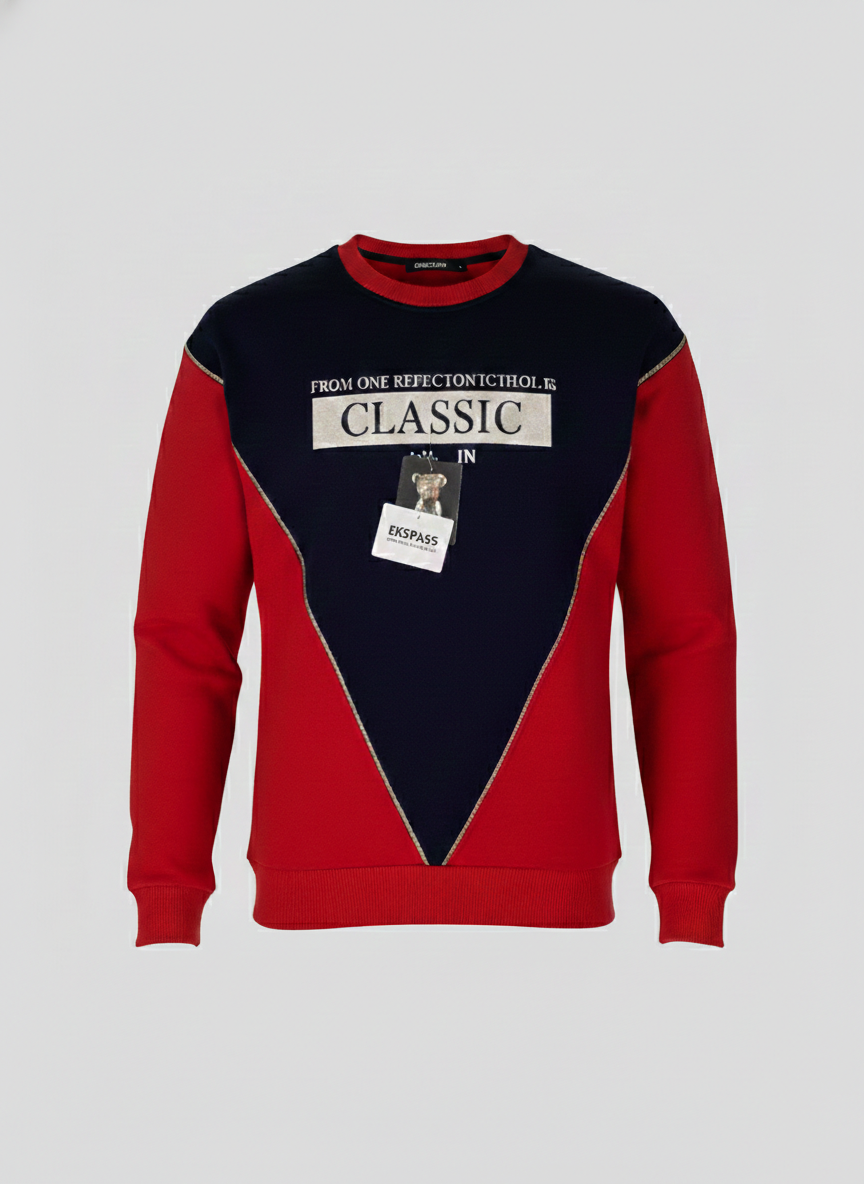 Close-up of the Vibrant Red and Dark Navy "Classic" graphic sweatshirt featuring white embroidered text, a signature teddy bear patch, and a relaxed crewneck fit at Trendy Angels Boutique.