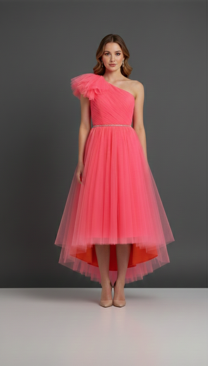 Model wearing a watermelon pink one-shoulder junior formal dress with ruffled bodice and high-low tulle skirt at Trendy Angels Boutique Melbourne boutique store 533 Sydney Rd Brunswick.