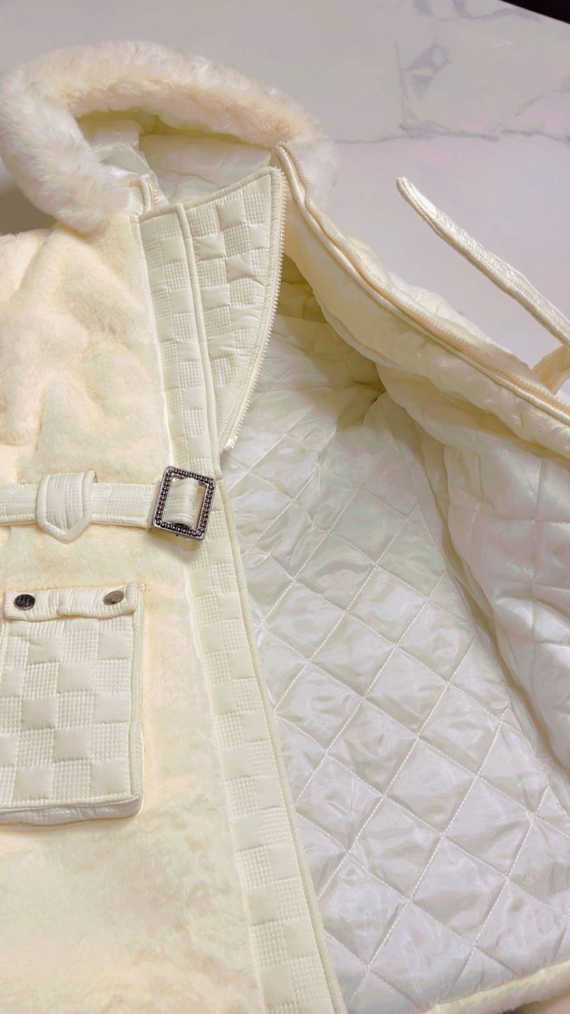Isabella Girls' Premium Faux Fur Hooded Coat with Polished Silver Buckle Belt - White