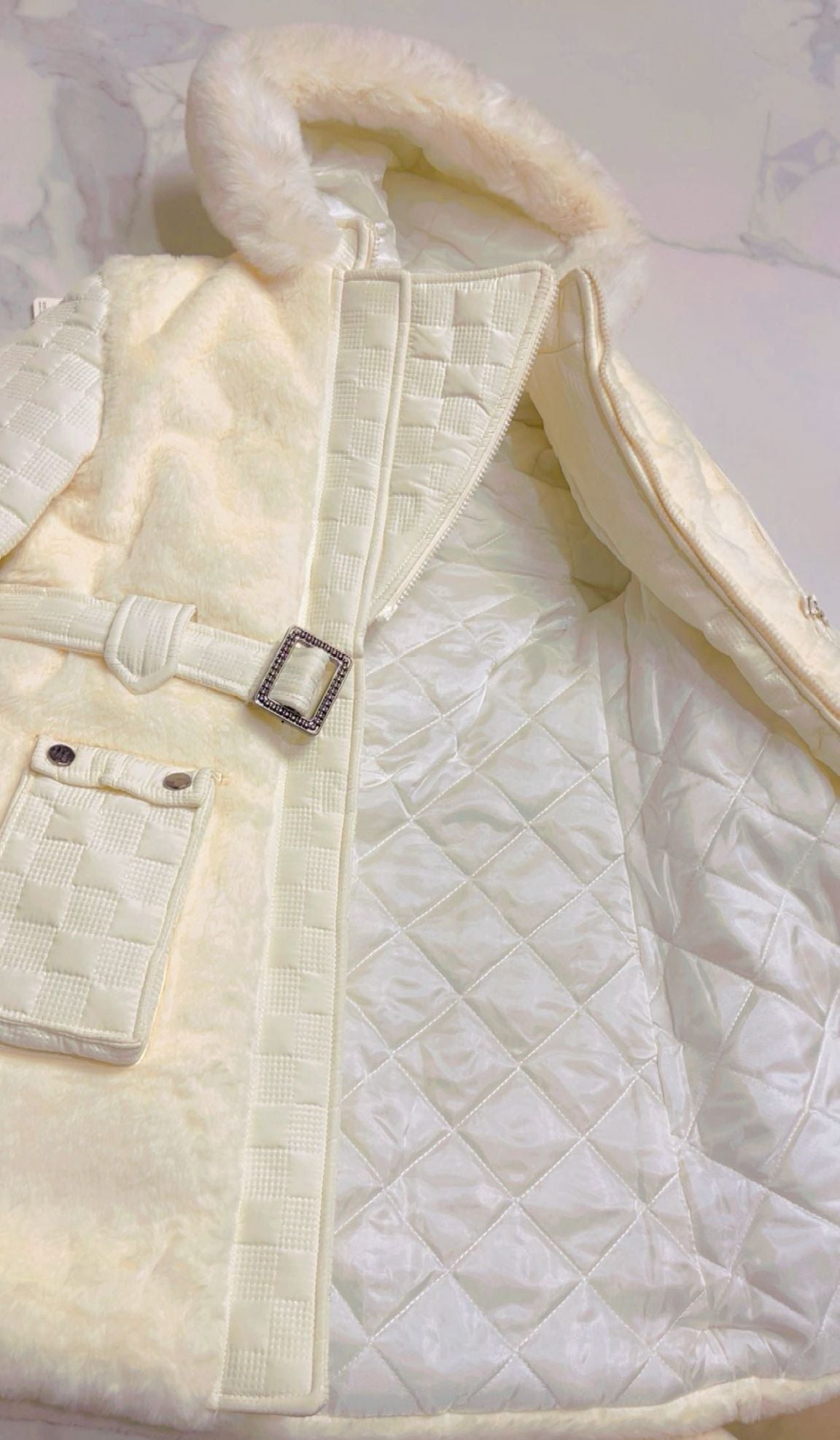 Isabella Girls' Premium Faux Fur Hooded Coat with Polished Silver Buckle Belt - White
