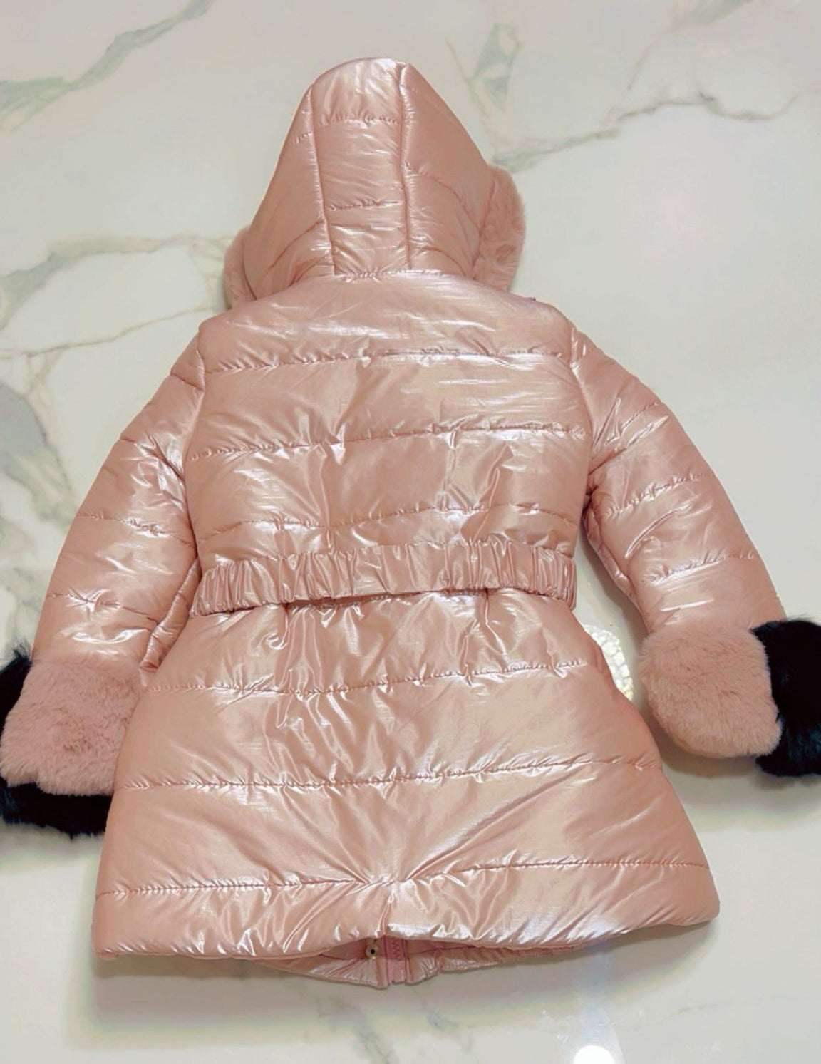 Girls Metallic Rose Gold Puffer Jacket with Faux Fur Hood (Ages 6-14)