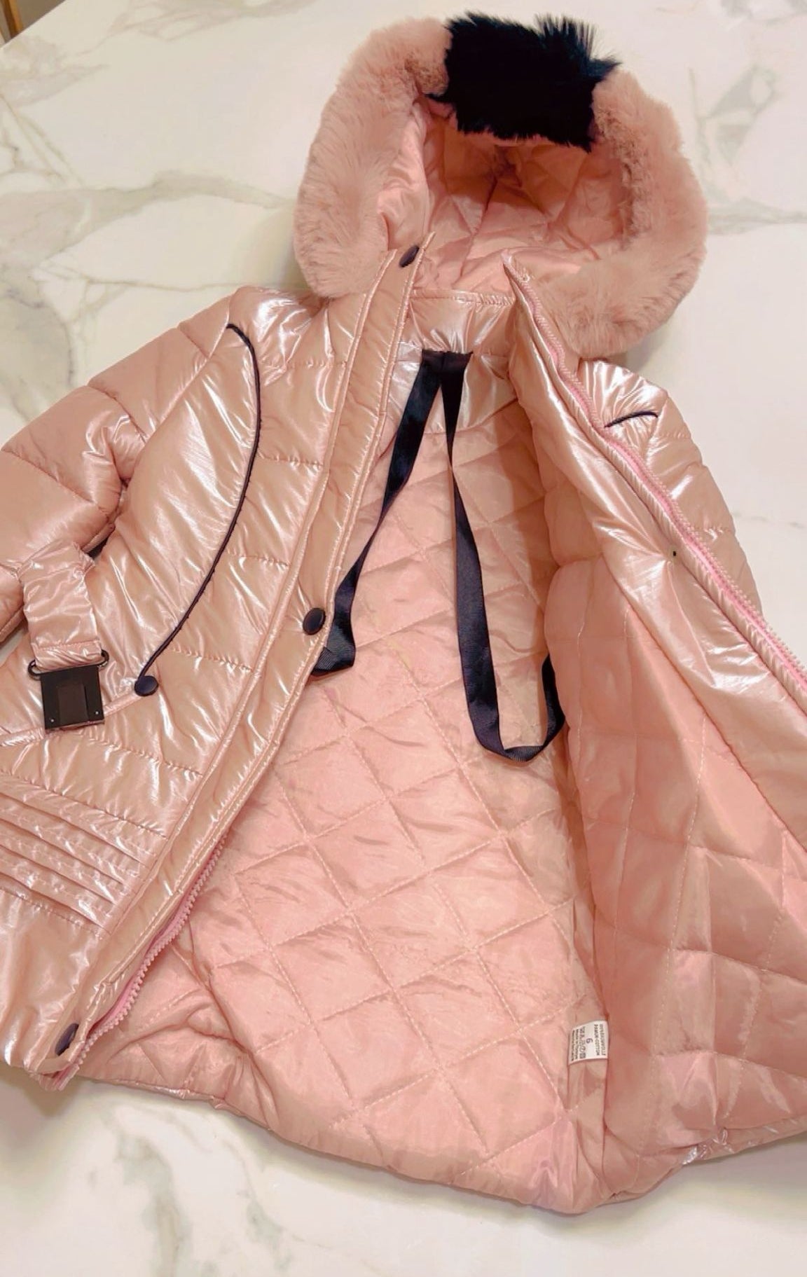 Girls Metallic Rose Gold Puffer Jacket with Faux Fur Hood (Ages 6-14)