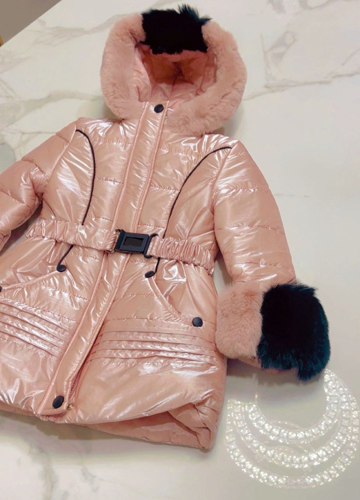 Girls Metallic Rose Gold Puffer Jacket with Faux Fur Hood (Ages 6-14)