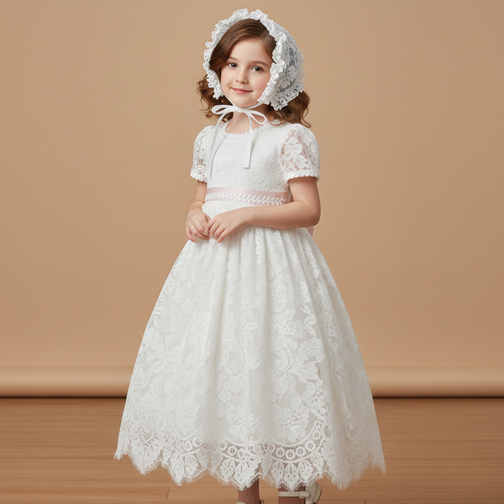 Young girl wearing a white floral lace baptism dress with matching bonnet and satin back bow at Trendy Angels Boutique Melbourne