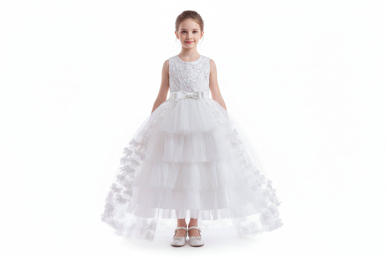 Elegant white flower girl dress with a lace bodice, tiered ruffle skirt, and satin waist bow, perfect for baptisms and weddings at Trendy Angels Boutique.