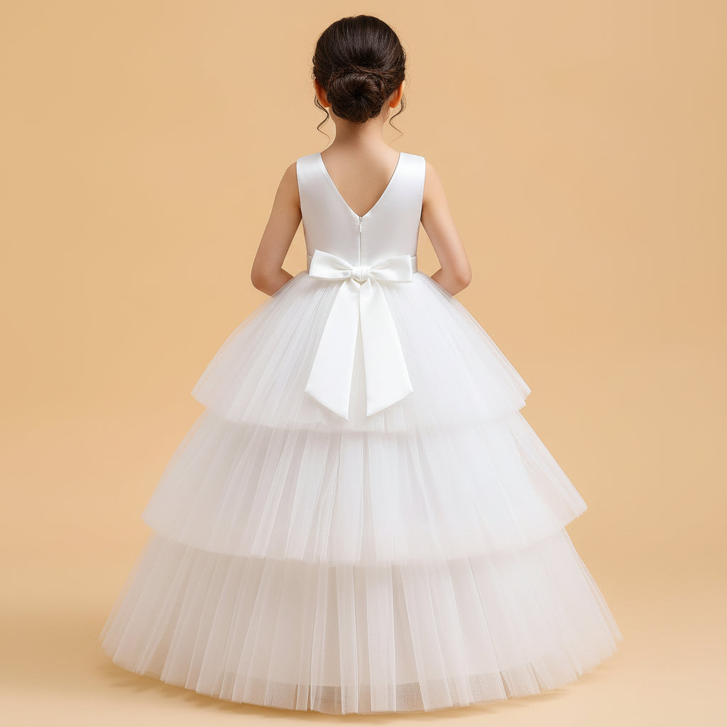 Back view of a white flower girl dress featuring a V-neck satin bodice, a large elegant satin bow at the waist, and a voluminous three-tiered tulle skirt from Trendy Angels Boutique.
