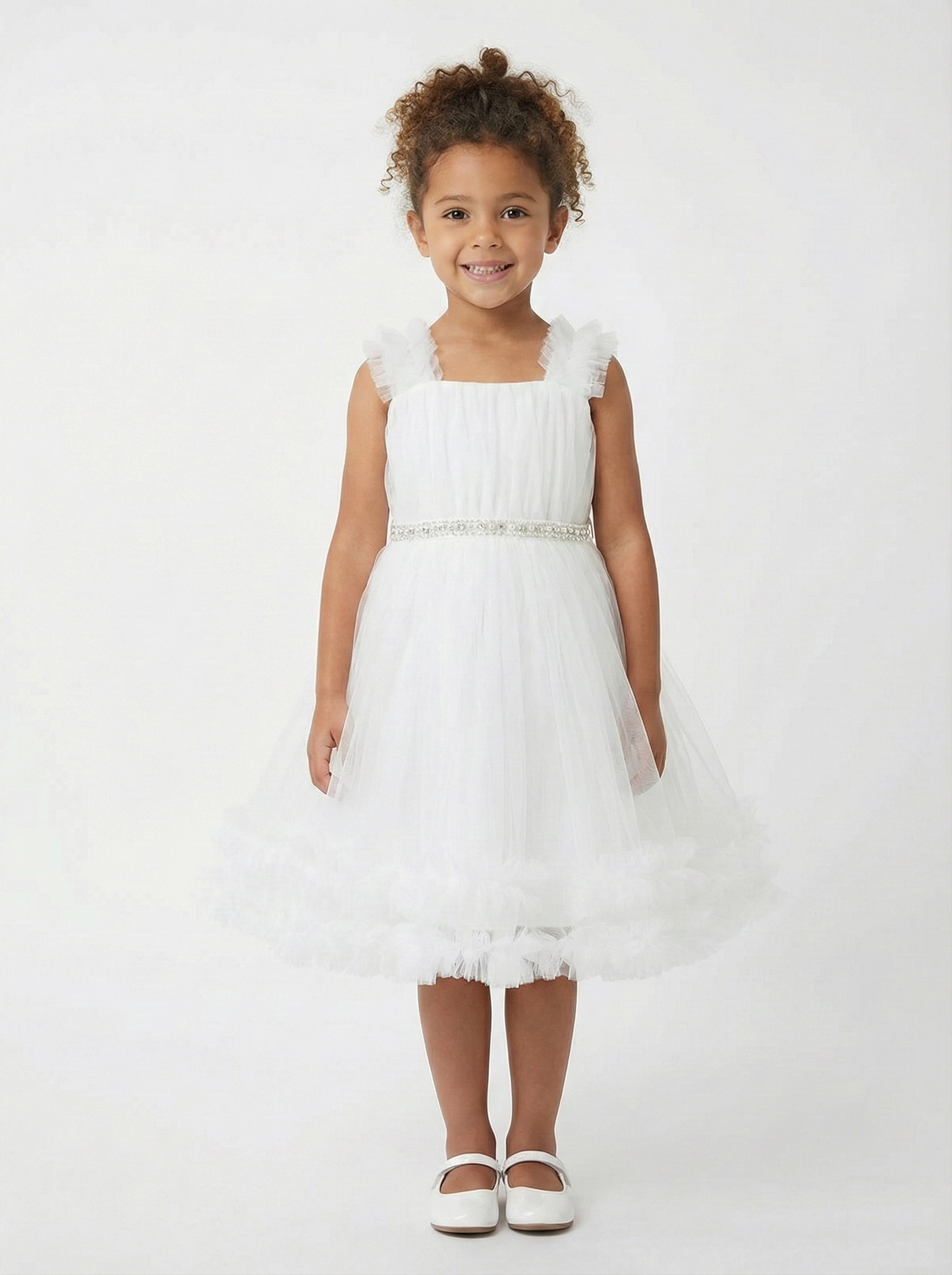 White Tulle Flower Girl Dress with Pearl Belt and Ruffle Shoulders at 533 Sydney Rd Brunswick Melbourne Boutique