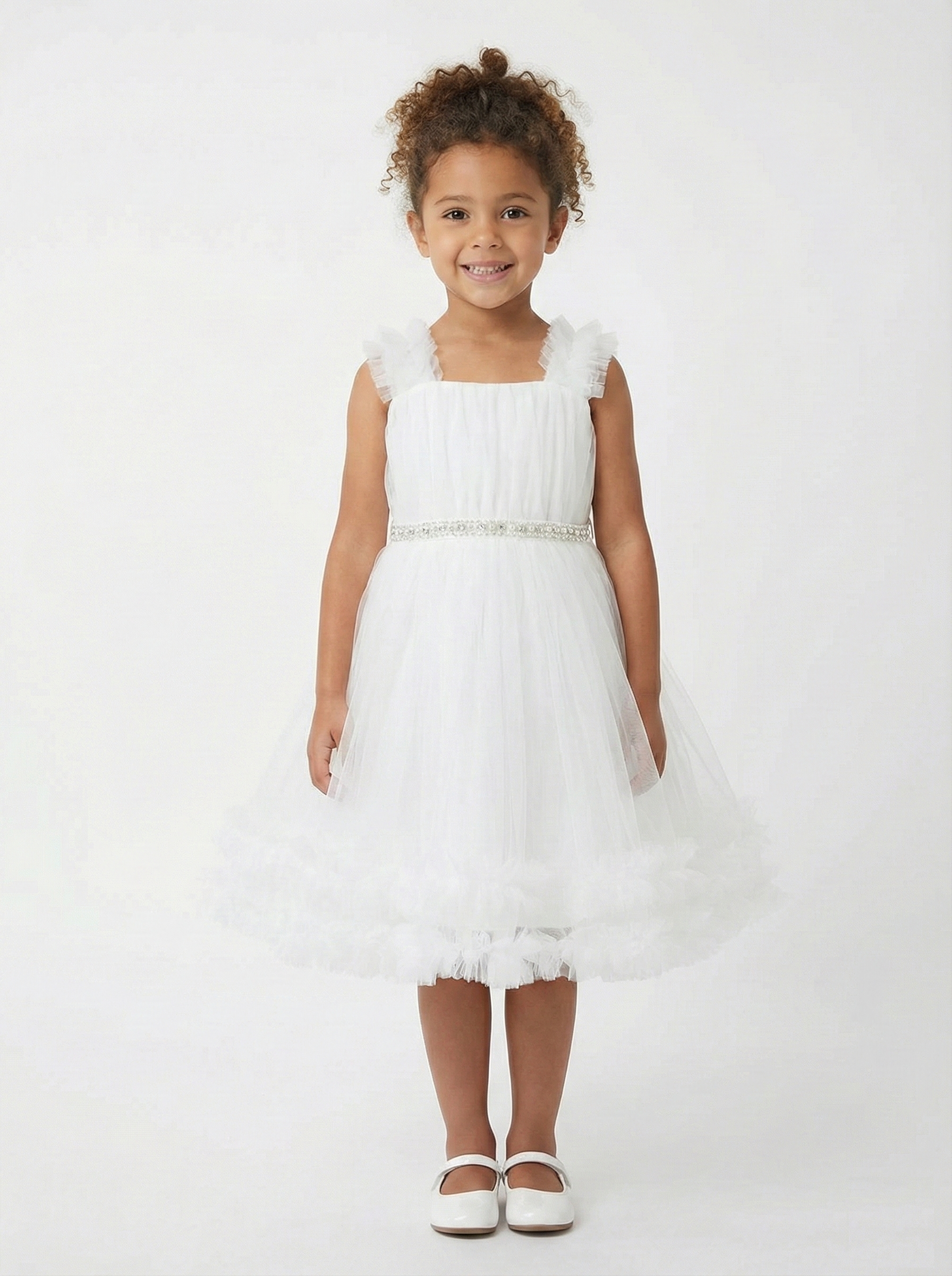 White Tulle Flower Girl Dress with Pearl Belt and Ruffle Shoulders at 533 Sydney Rd Brunswick Melbourne Boutique