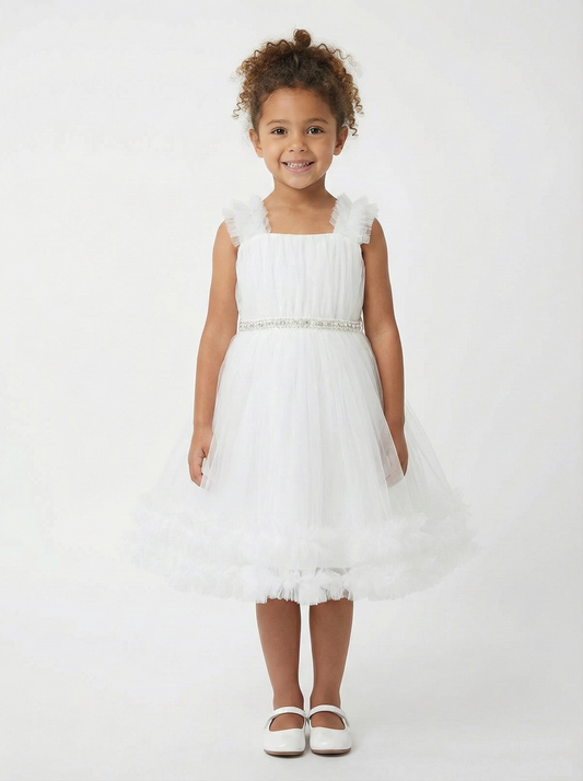 White Tulle Flower Girl Dress with Pearl Belt and Ruffle Shoulders at 533 Sydney Rd Brunswick Melbourne Boutique