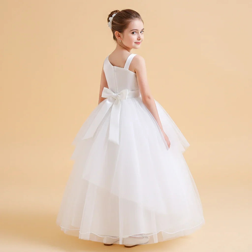 Back view of the White Tulle Flower Girl Dress with one-shoulder detail.