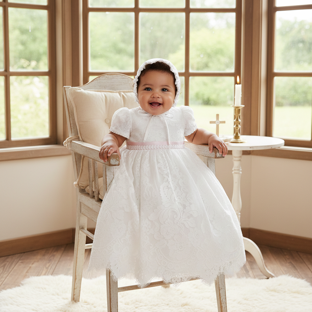 A baby girl in a white lace baptism dress with a pink waist ribbon and a full lace bonnet, sitting in a wooden chair at Trendy Angels Boutique in Brunswick.