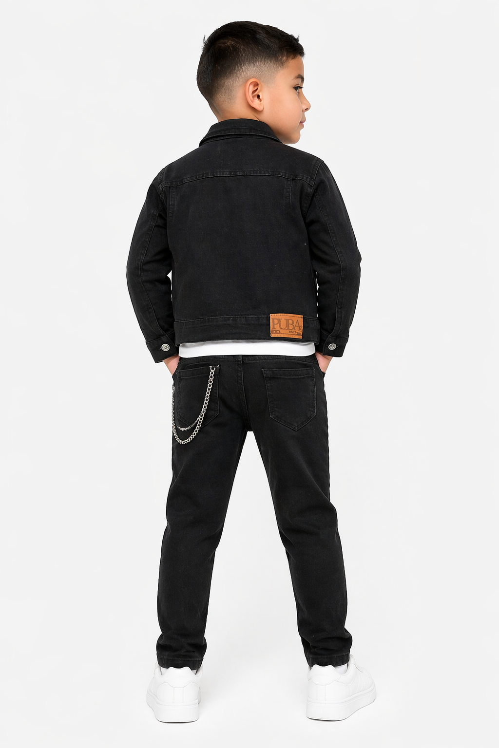 Back view of the Exclusive Boys 3-Piece Black Denim Outfit, showcasing the jacket, jeans with a decorative wallet chain, and branding detail, from Trendy Angels Boutique.