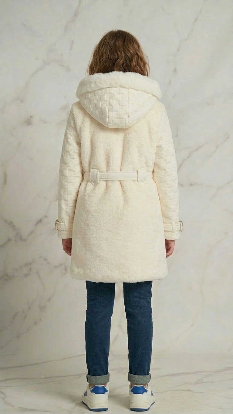 Isabella Girls' Premium Faux Fur Hooded Coat with Polished Silver Buckle Belt - White