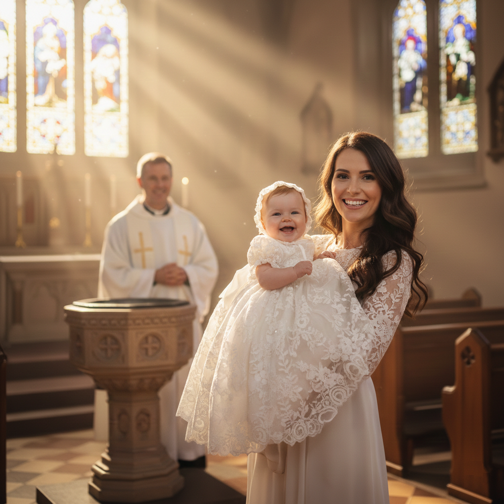 Luxury white baptism gowns and christening wear at Trendy Angels Boutique in Brunswick, Melbourne.