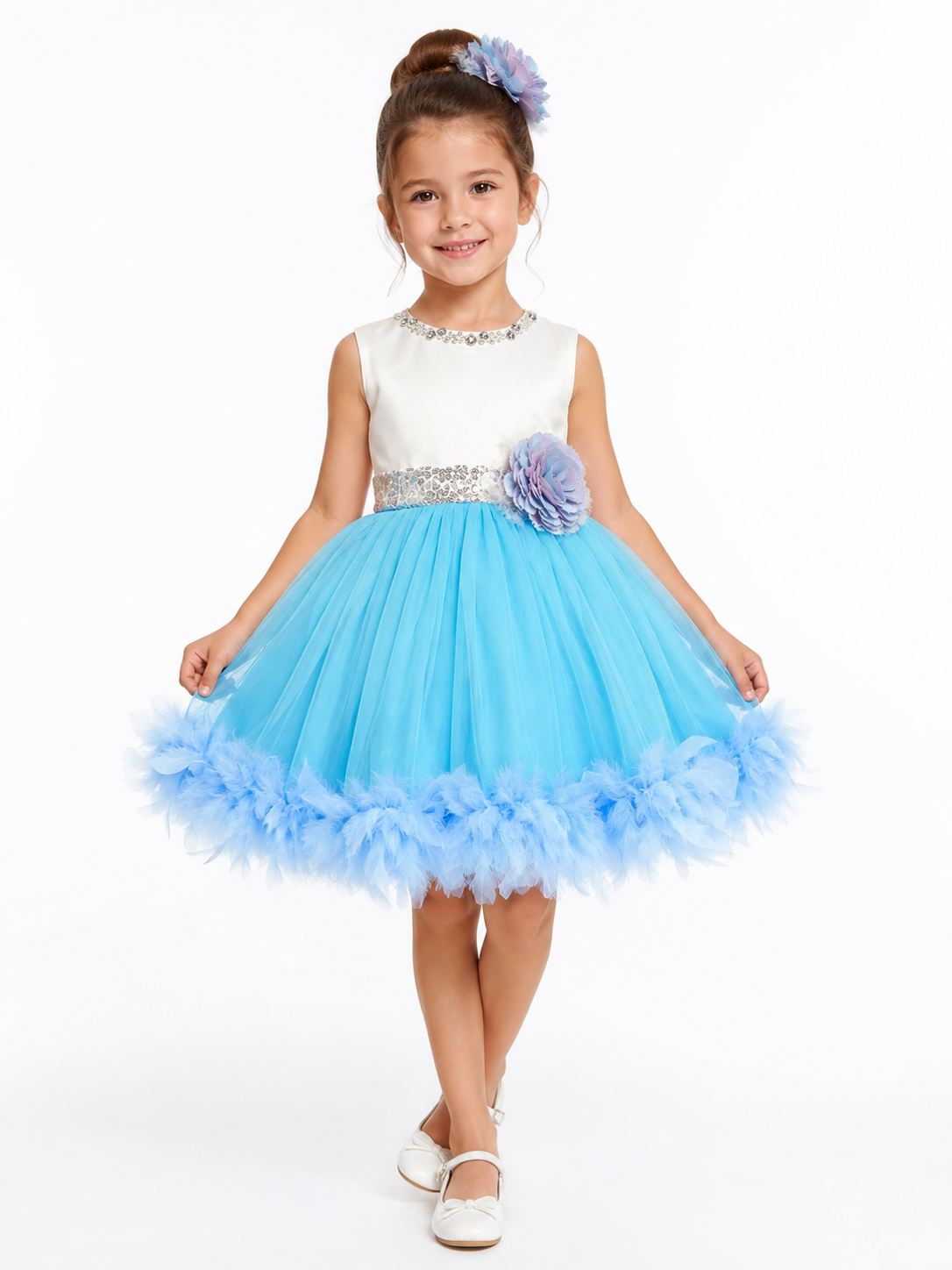 Girls blue princess dress with feather trimmed tulle skirt front view luxury formal wear