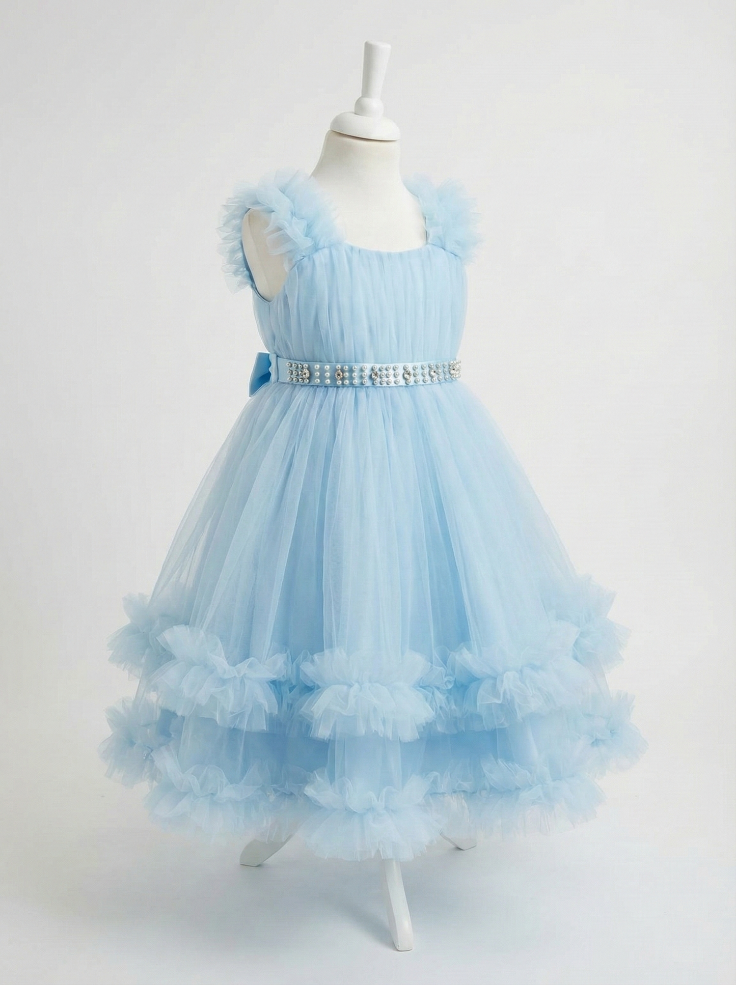 Sky Blue Tulle Flower Girl Dress - Crystal Pearl Belt & Tiered Ruffle Ball Gown