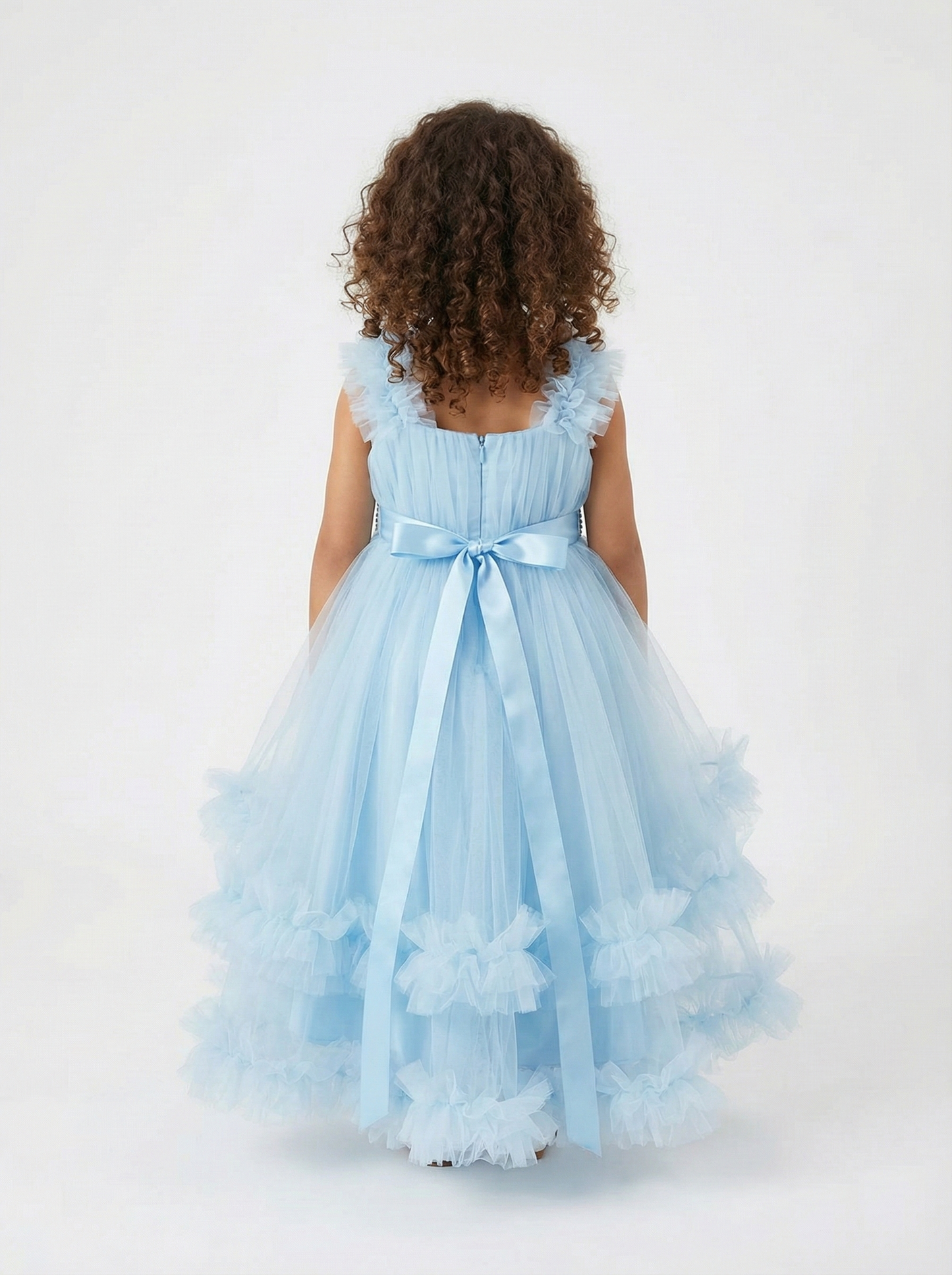 Sky Blue Tulle Flower Girl Dress - Crystal Pearl Belt & Tiered Ruffle Ball Gown