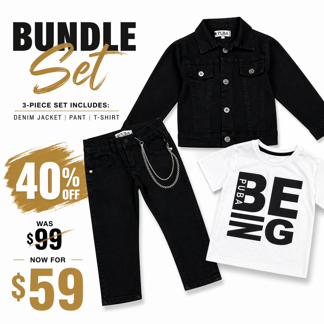 Exclusive Boys 3-Piece Black Denim Outfit set including a black jacket, white t-shirt, and jeans with a decorative wallet chain from Trendy Angels Boutique.