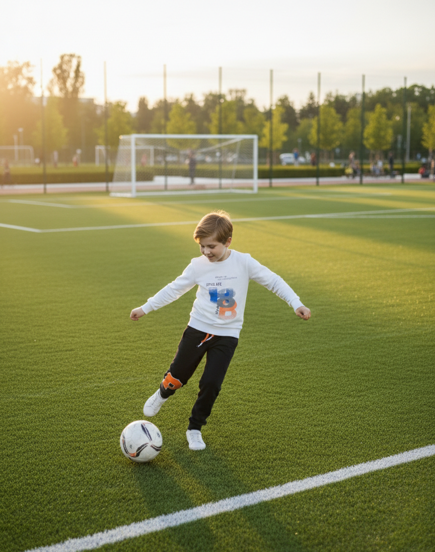 Young boy playing soccer wearing a white long-sleeve graphic top and black joggers, highlighting sport-to-night versatility from Trendy Angels Boutique.