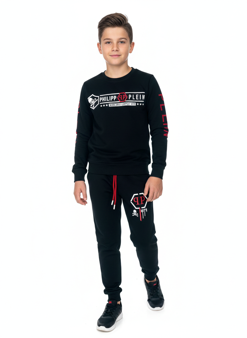 Boys designer black athletic tracksuit with red skull branding and "Plein" sleeve detail, modeled for Trendy Angels Boutique in Brunswick, Melbourne.